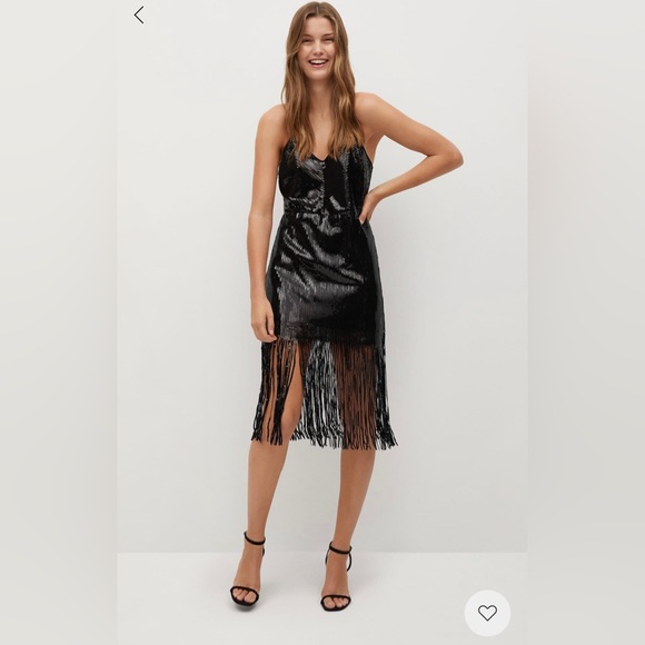 MNG Mango Black Sequins Fringe Party Evening Cocktail Gatsby Inspired Dress - Picture 3 of 10